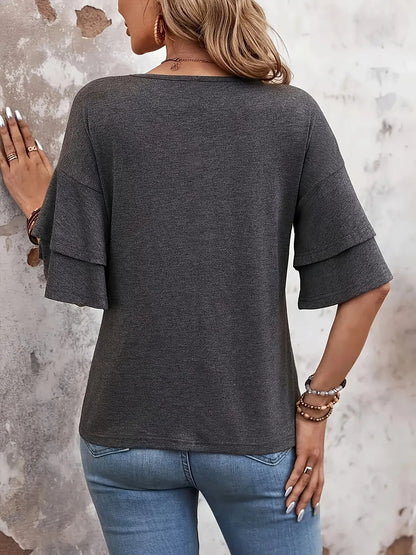 Women's Casual V-Neck Split Back Layered Ruffle Sleeve T-Shirt- Lightweight and Machine Washable Top for Spring, Summer, and Autumn, Fashionable Cross Front Design, Durable and Versatile Clothing, Breathable Fabric, Must-Have for Trendy Enthusiasts