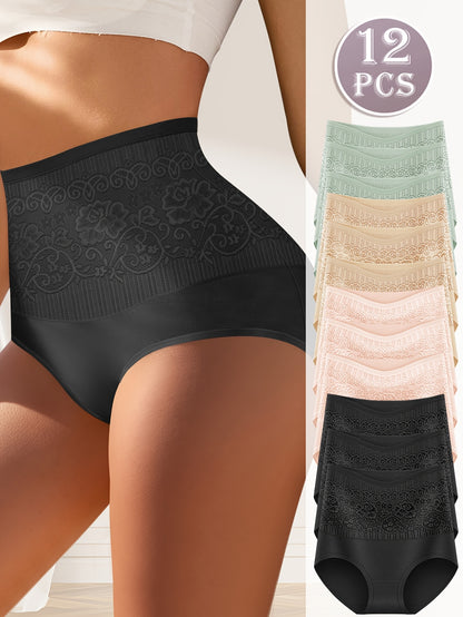 12-Pack Jacquard High Waist Panties Tummy Control Hip Lift Panties Women'S Underwear And Lingerie Women'S Panties