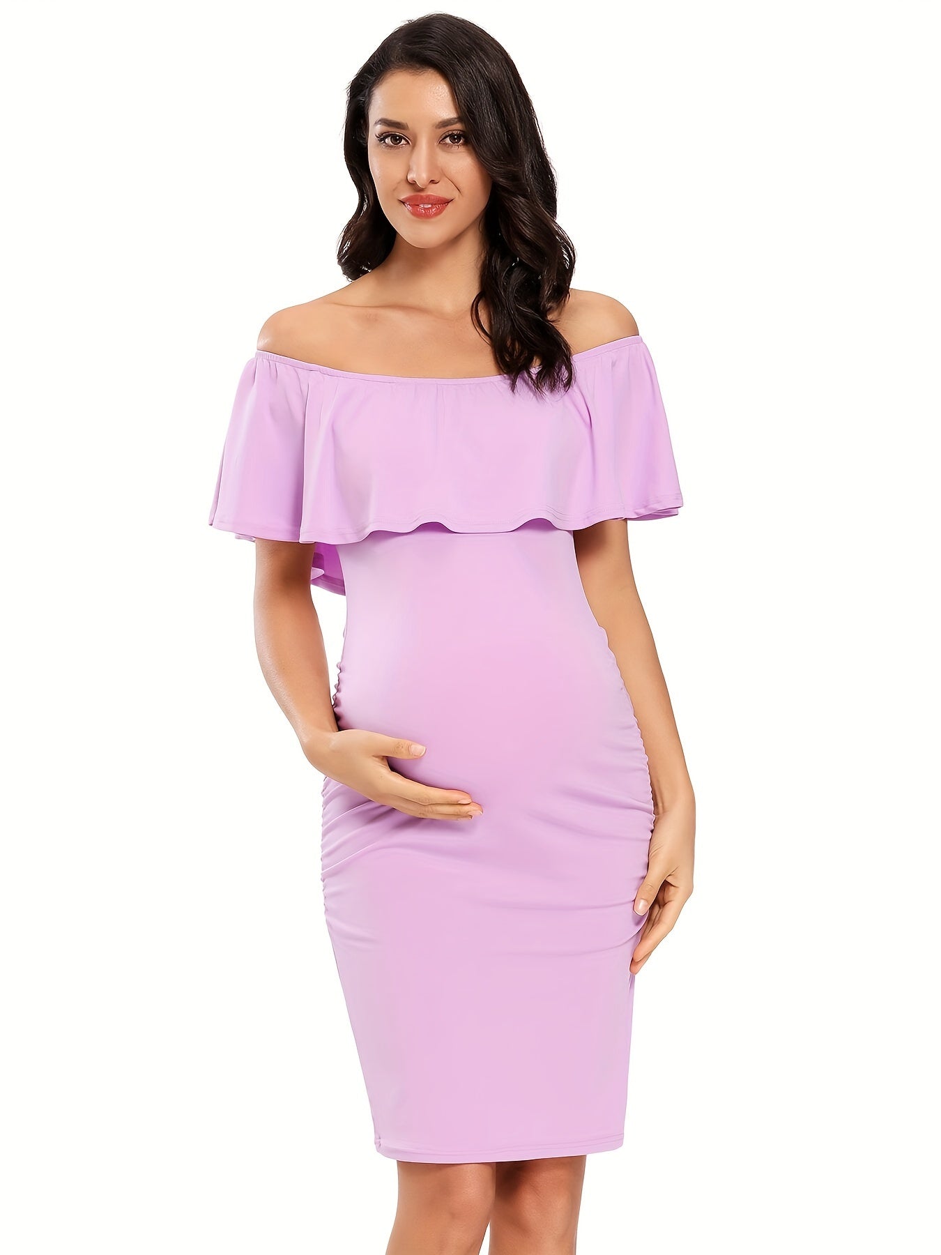 Women's Maternity Dress Off Shoulder Ruffle Sleeveless Bodycon Dress for Baby Shower