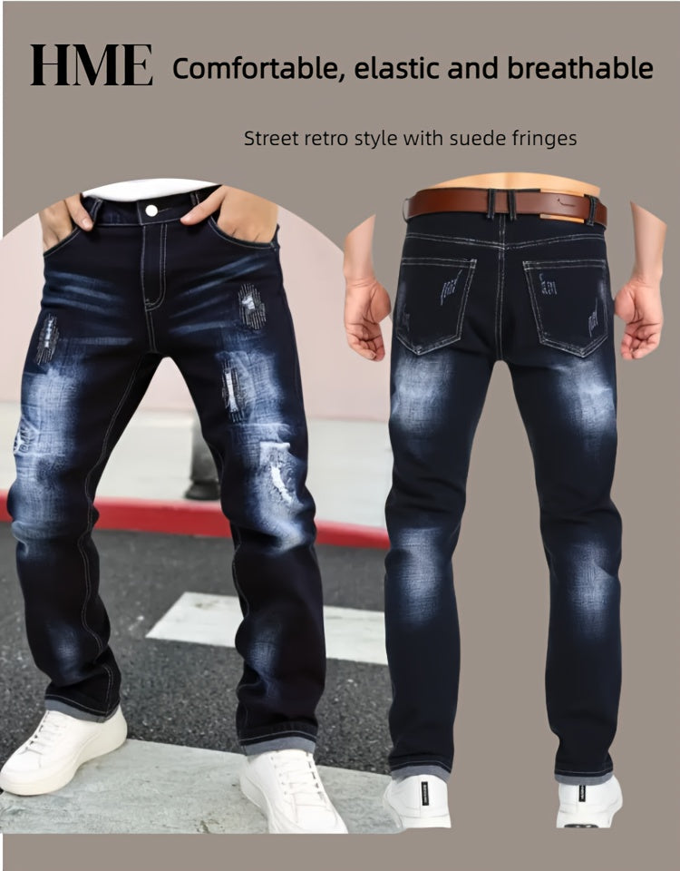 [HME] Autumn New Men'S Jeans, Mid-Waist Stretch Slim Straight Leg, Retro Trendy Brand Perforated Design, Heavy Washed Blue Natural Whitening Effect, Classic Five-Pocket Style, YKK Zipper, Essential Denim Long Pants for Men'S Fashionable Outfits