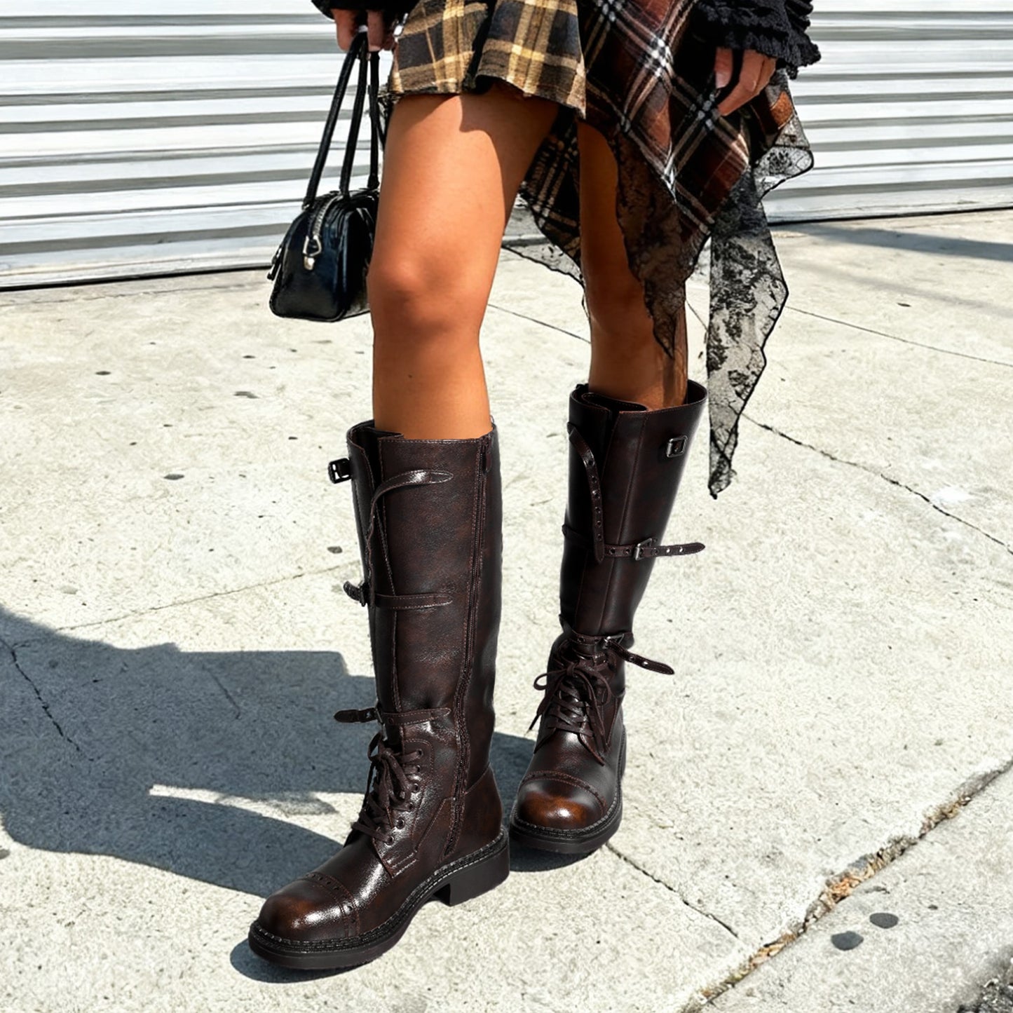 DREAM PAIRS Women's Knee High Boots Combat Boots Goth Boot Lace Up Adjustable Buckles Chunky Low Heel Fall Booties with Side Zipper to Put on and off