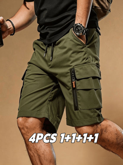 4 pc Men Summer Cargo Shorts Elastic Drawstring Multi Zipper Pockets Lightweight Quick Dry Athletic Shorts Casual Workout Hiking Running Outdoor Sweat Shorts Ideal Gift for Men Guys