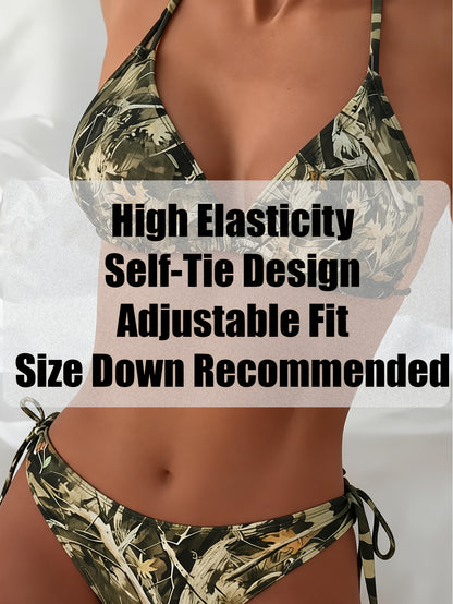 Women'S Retro Bikini Set - Leaf/Geometric Print, Beach Pool Vacation Swimwear, High-Quality Machine Washable Bikini, Party Women'S, Two-Piece Swimwear, Camouflage Beach Vacation Outfit, Holiday Gift, Beach, Yacht, Spa