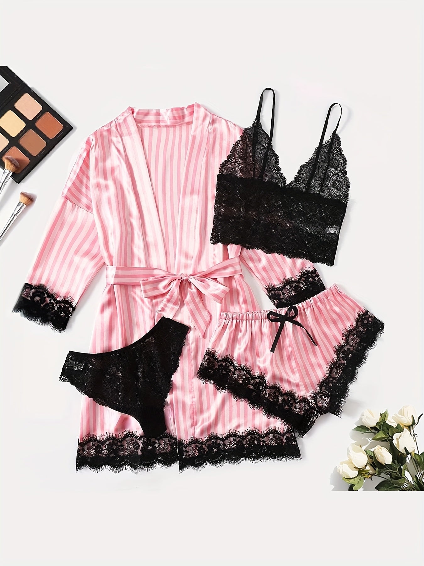 Women's Sleepwear, Home Clothes, Bathrobe 5pcs Set, Multi-color, No Pattern, Sexy, Solid Color, Contrasting Lace, No Lining, Belt, Adult Style, Comfortable and Breathable Fabric, Essential for Lovers to Save Money