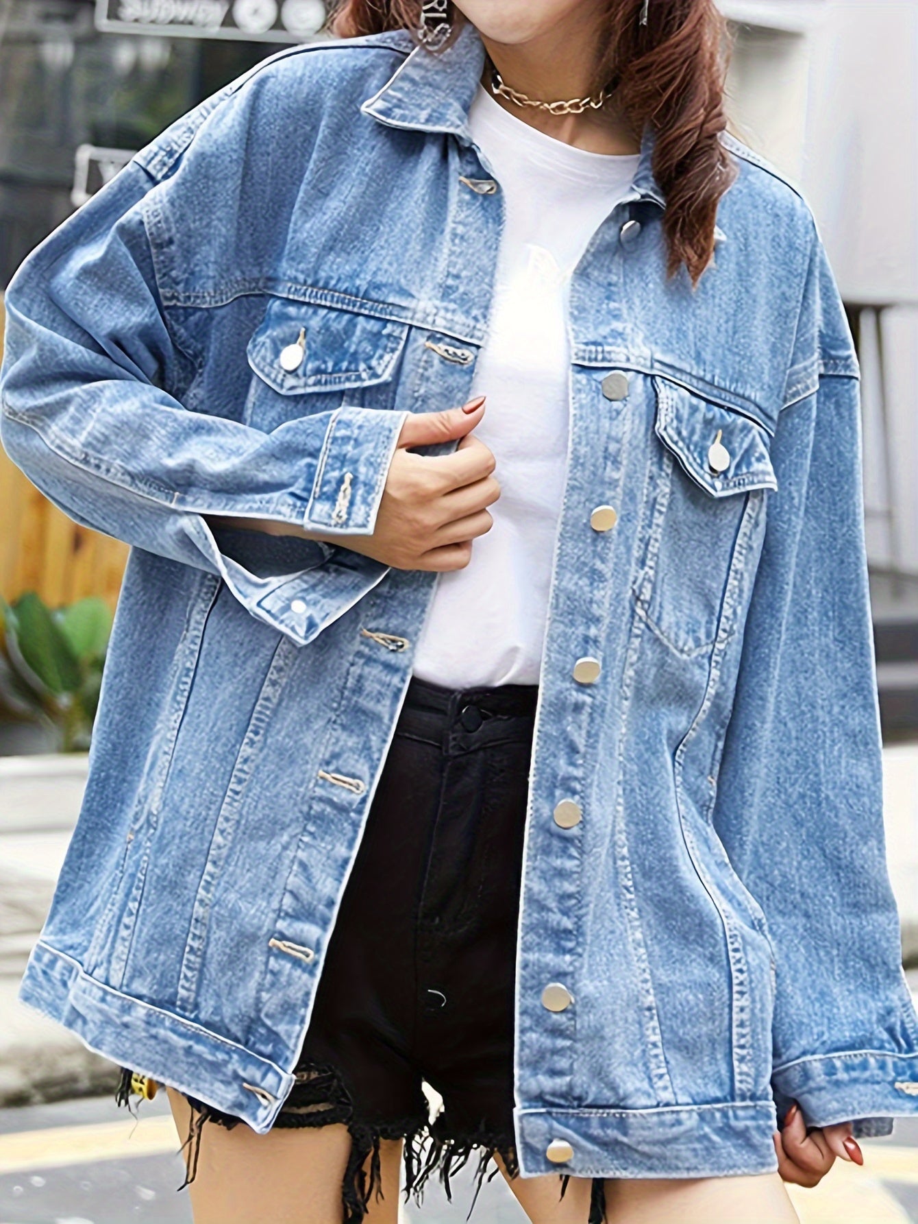 Women'S Oversized Mid-Length Denim Motorcycle Jacket