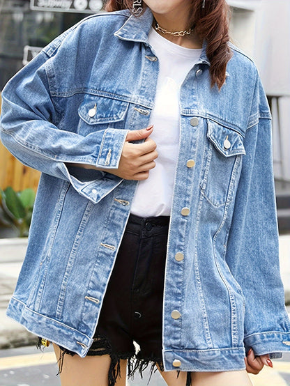 Women'S Oversized Mid-Length Denim Motorcycle Jacket