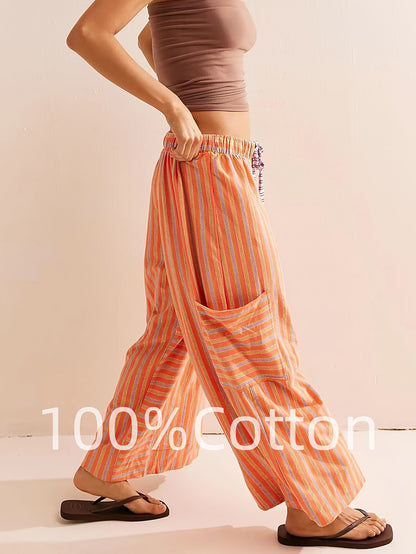 Women's Wide Leg Pants with Elastic Waist & Striped Drawstring - Striped Horizontal Stripes Trousers Suitable for Spring/Summer, Casual Lounge Pants with Side Pockets, Machine Washable Wide-Leg Trousers for Warm Weather