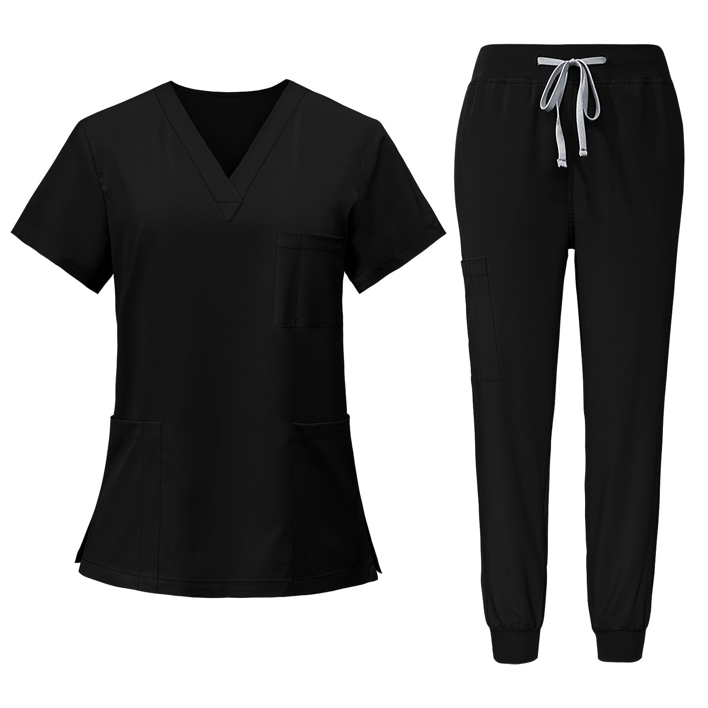 [2pcs Scrub Suit Set] Ships From The United States] 2pcs Set Scrub Suit Set for Women Modern V-neck Top T-shirt & Tapered Leg Jogger Pants with Drawstring Nursing Uniforms Set Suitable for Pet Hospitals, Dental Clinics, Nursing Work, Etc