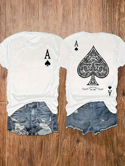 [Double Print] Poker Card Double-Sided Print Women's Casual Round Neck T-Shirt, 180g Blend Double-Sided Print Round Neck Short Sleeve T-Shirt, Slim Fit Versatile High-Quality Casual Sports Fashion Single Piece