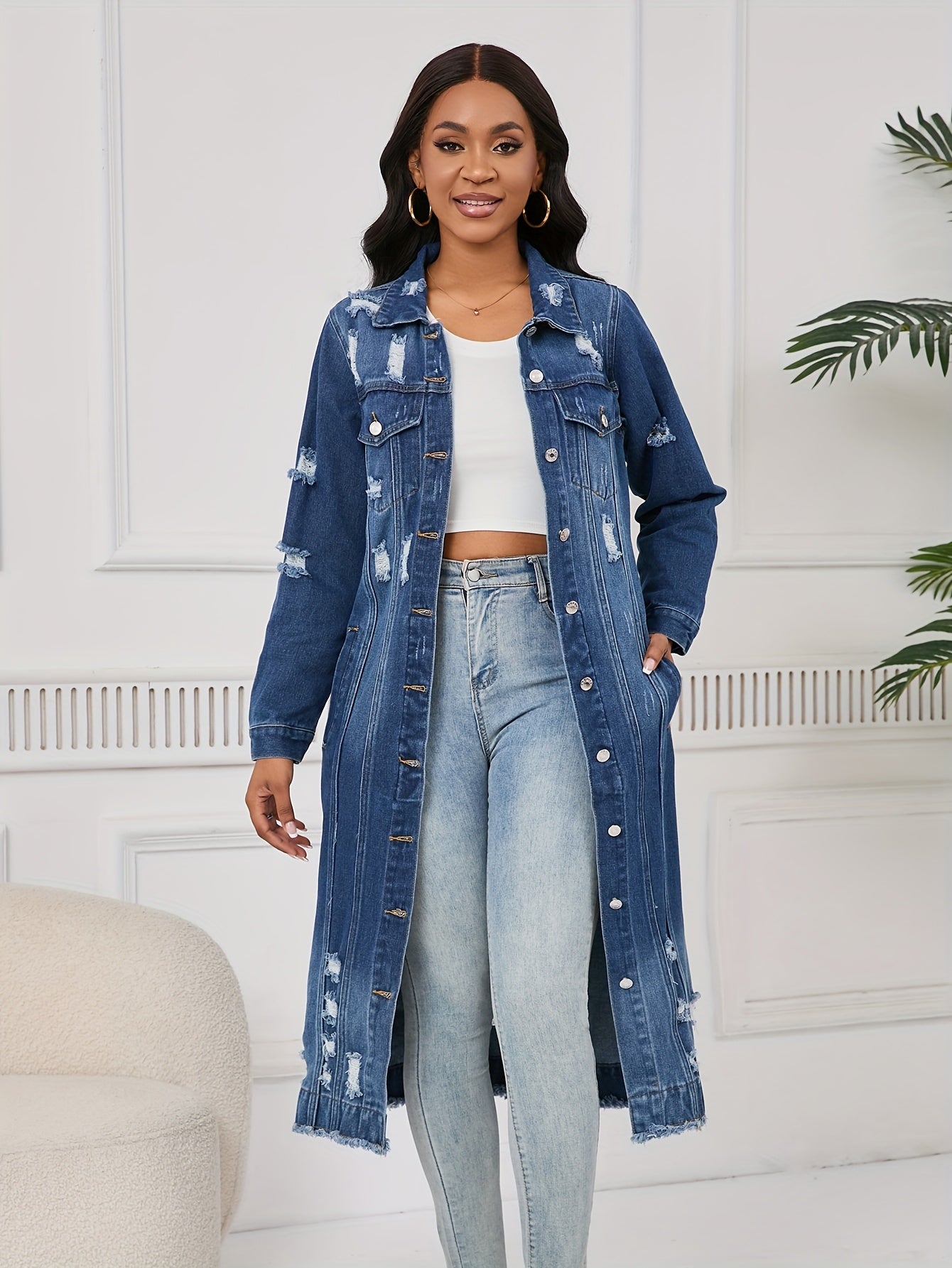 Long Ripped Denim Jacket with Real Pockets, Casual Windbreaker