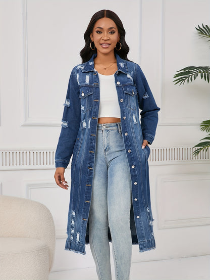 Long Ripped Denim Jacket with Real Pockets, Casual Windbreaker