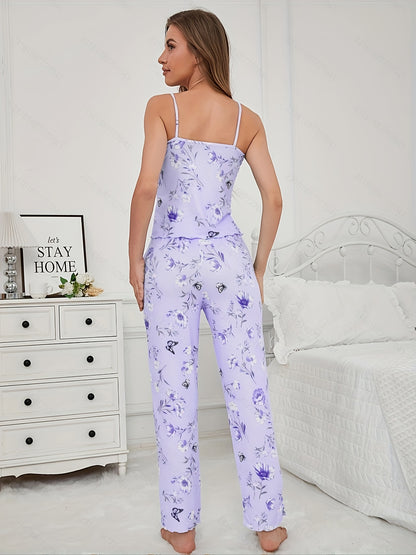 3pcs Floral And Butterfly Print Pajama Set - Long Sleeve Belted Robe & Cami Top & Pants Lounge For All Seasons