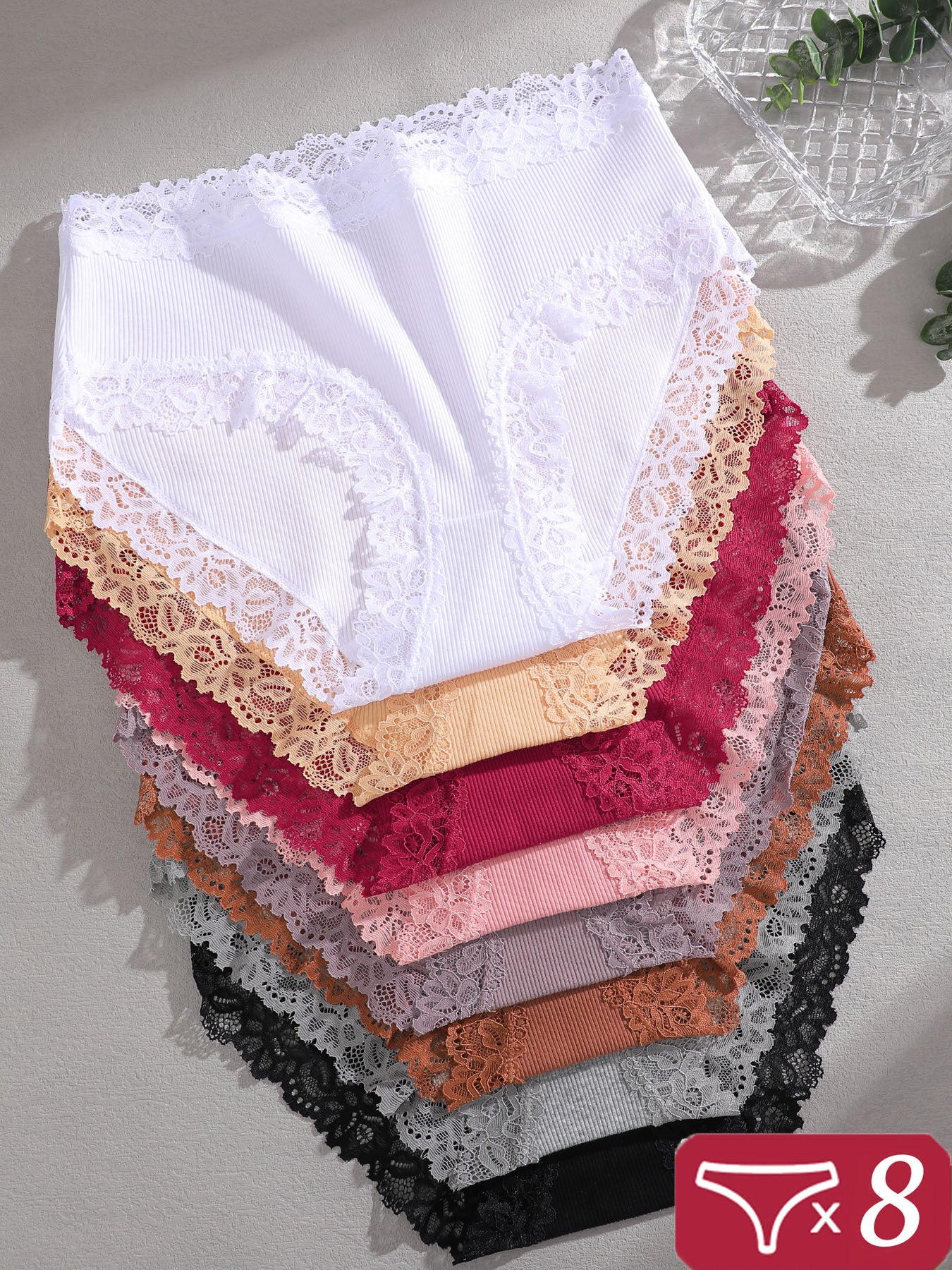 8 Pack Women's Underwear - High Waisted Briefs with Lace Trim, Soft Ribbed Triangle Panties, Non-Sheer Full Coverage Suitable for Casual Attire, Hand Washable Solid Color High-Rise Underpants