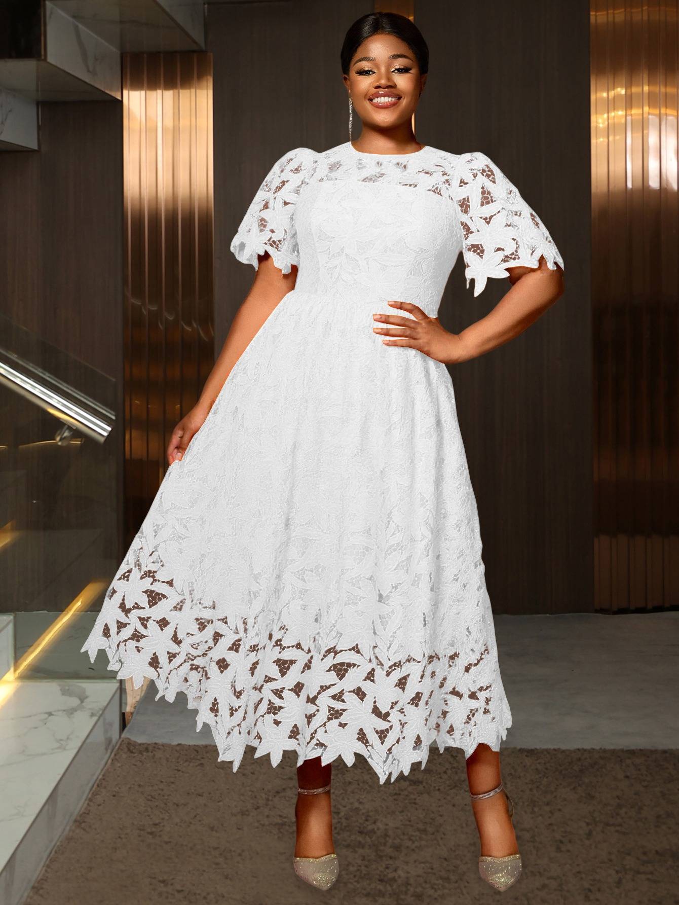 Plus Size - Plus Size - Plus Size Round Neck Lace Dress, Elegant Midi Length with Waist Definition, Formal Banquet And Evening Gown