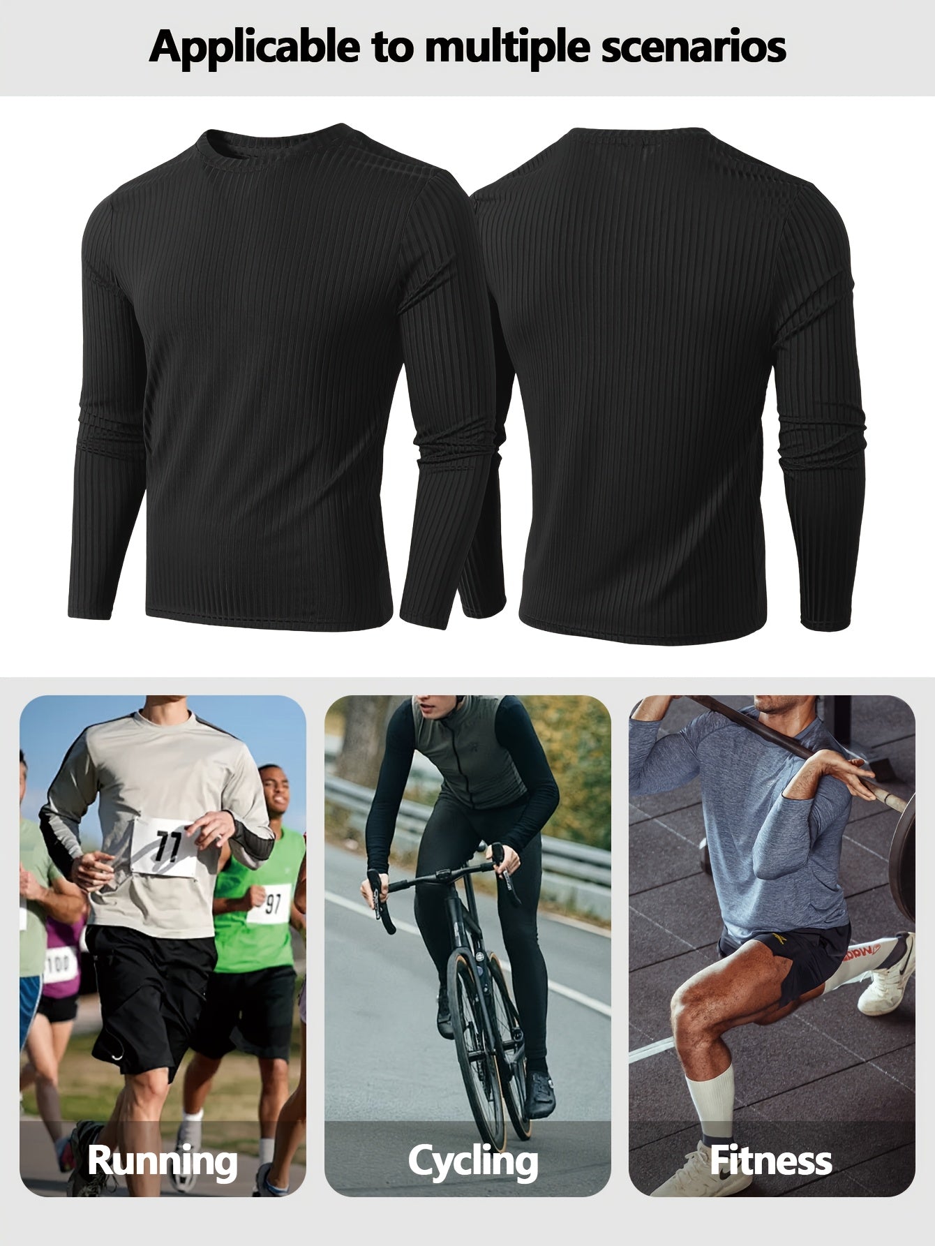 5pcs Men's Ribbed Long Sleeved T-shirt - Round Neck Casual Top Sports Shirt, High Elasticity, Spring And Autumn Regular Style, Daily Clothing, Elegant And Simple Style, Comfortable Fabric, Suitable for Outdoor Men's Gym, Running And Casual Wear