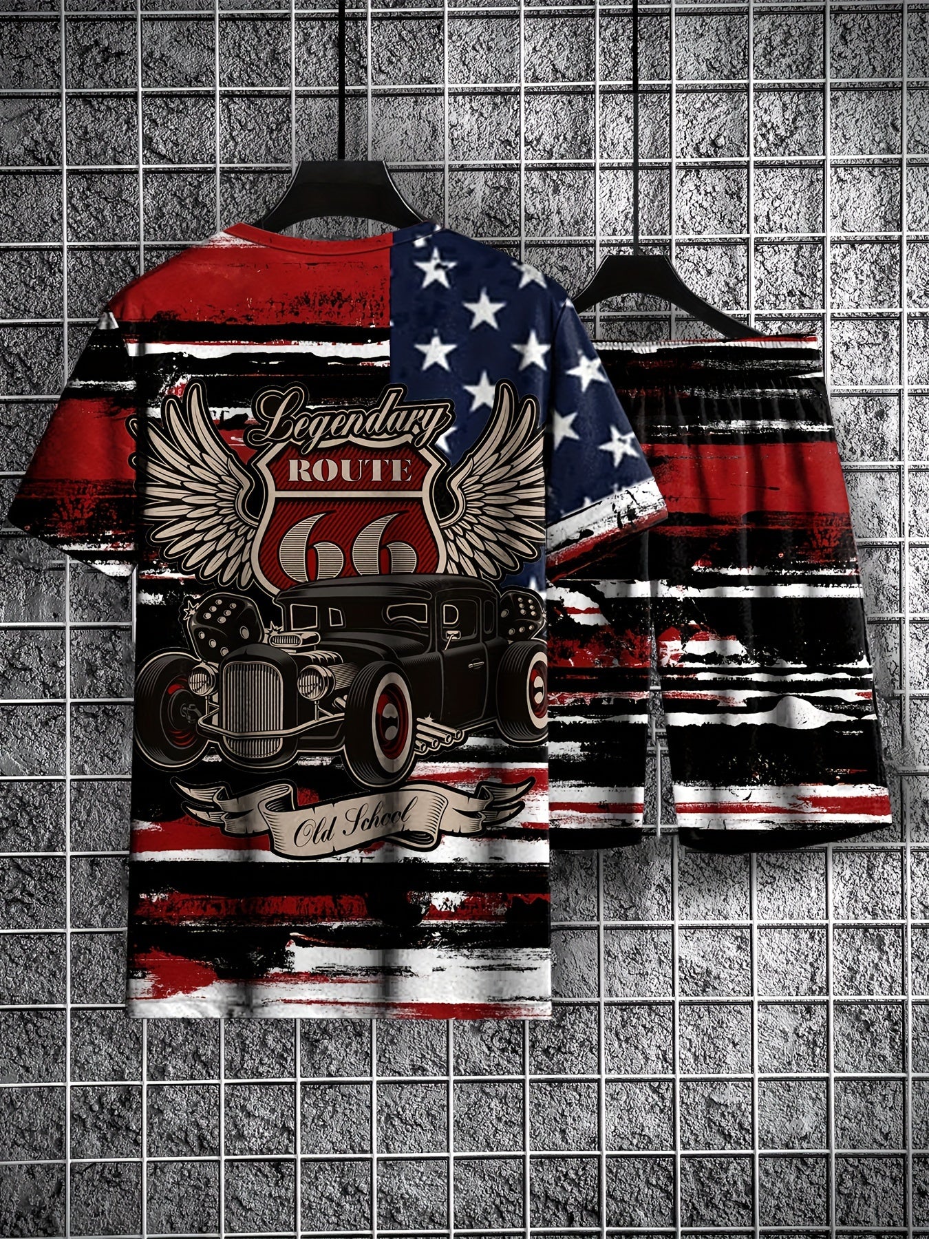 2pcs Men'S Summer Leisure Outfit Set, Vintage Car 3D Print Men'S Short Sleeve Crew Neck T-Shirt And Shorts Set