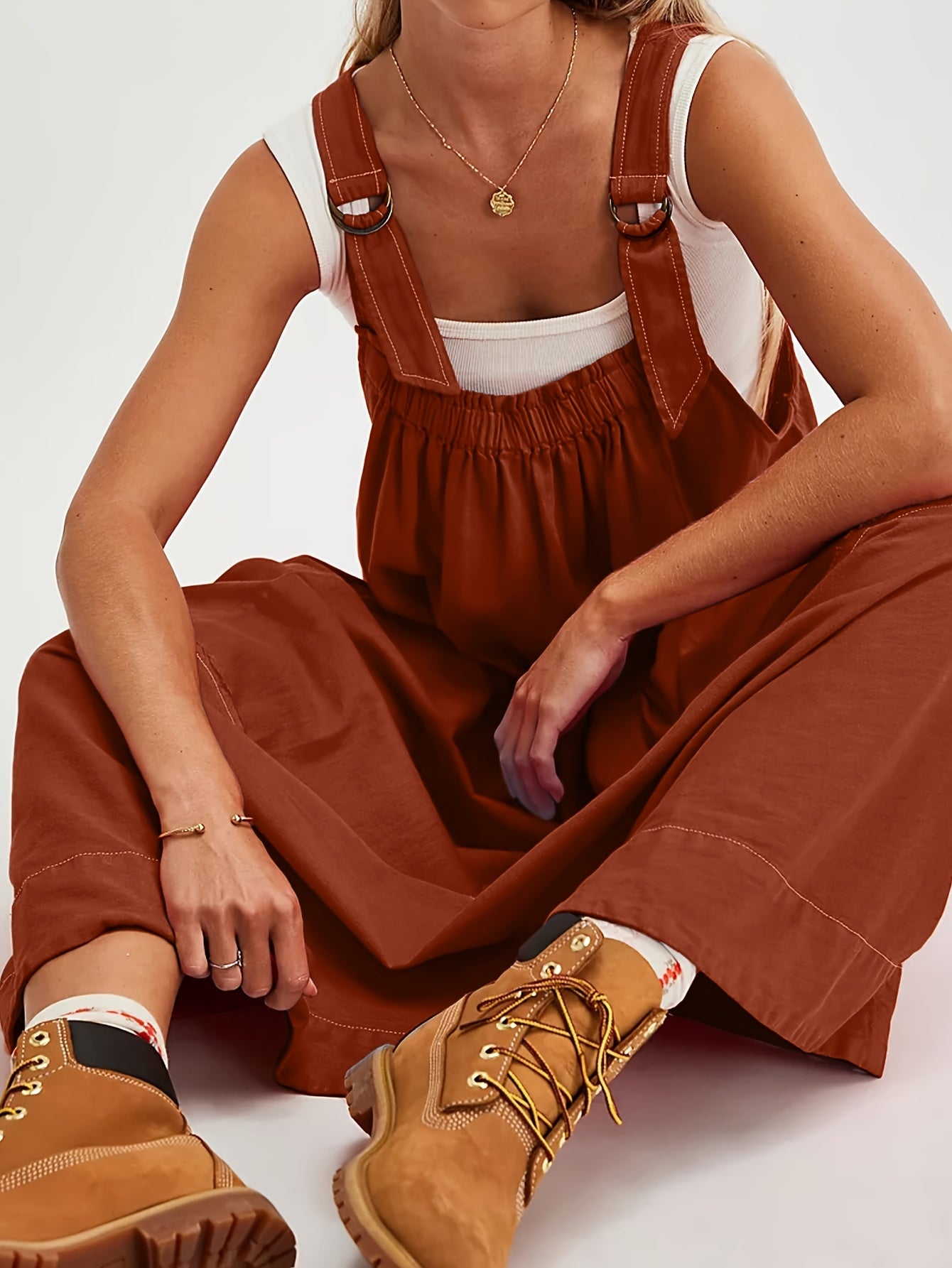 [Loose Midi Dress] Women's Loose Adjustable Strap Midi Overall Dress with Big Pockets in Workwear Style