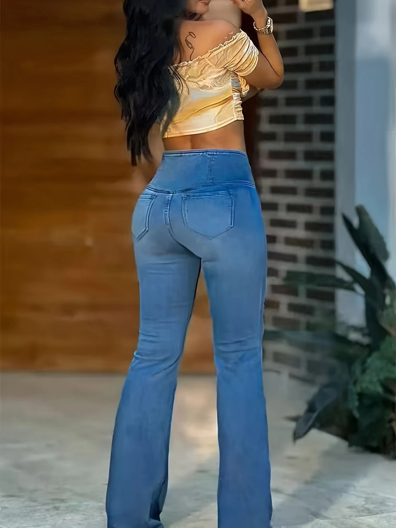 Women's High-Waisted Stretch Jeans - Wide-Leg Bell-Bottom Flared Pants with Cross-Waist , -Like Rayon//Spandex (75/23/2%), All-Season Casual to Dressy Wear, Wrinkle-Resistant Trousers