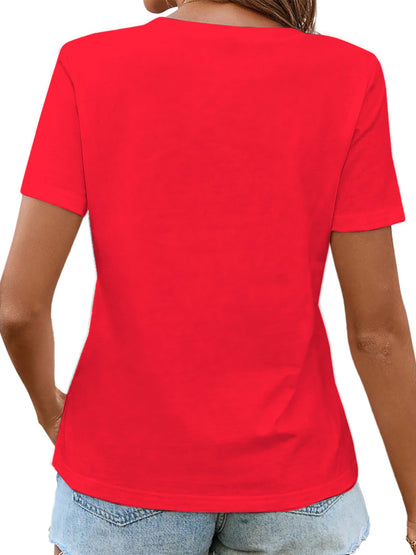 Women'S Elegant Vneck Short-Sleeved T-Shirt | Featuring Flag Print, Soft Stretchy Fabric, Machine Washable, Ideal For Spring/Summer Casual Wear