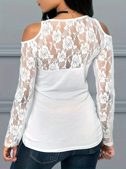 Plus Size - Plus Size - Plus Size Goth T-Shirt, Women'S Plus Graphic Print Contrast Lace Cut Out Long Sleeve Round Neck Top