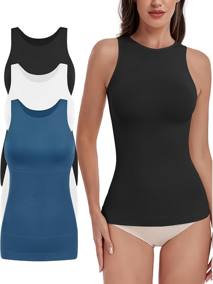 3pcs-Women's Spring And Summer New High-necked Sleeveless Waist And Abdomen Casual Vest, Comfortable And Breathable Fabric, Suitable for Daily Casual Wear, Shopping, Attending Parties, Parties, Dating, All Seasons