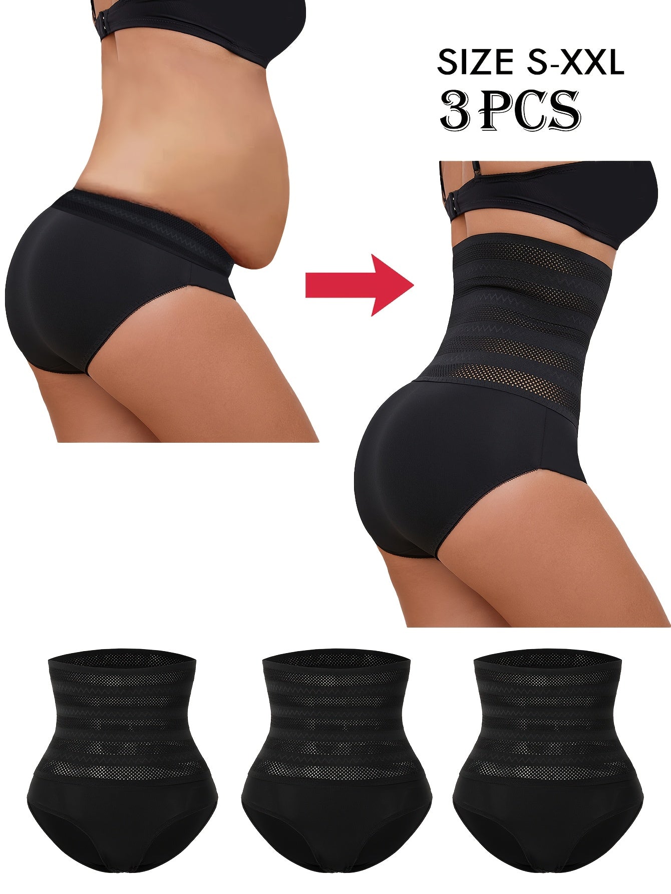 Set of Three Shaping Underwear Featuring a Triangular Design for The Abdomen, Providing Control, a High Waist, And a Lifting Effect for The Hips, Specifically for Women