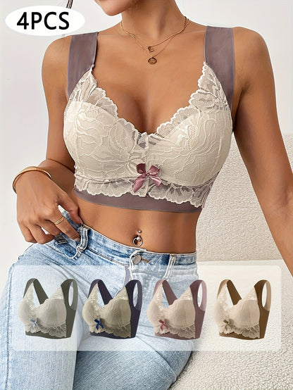 4pcs Elegant Women's Printed Lace Push-Up Bra- Wireless Comfortable Design, Bow Lace Design, Adjustable Straps, Breathable and Soft, Suitable for Daily Casual and Formal Occasions, Exquisite Quality Bow Decoration, Perfect for Halloween Outfits