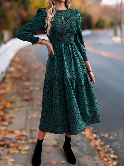 ZAFUL Spring Women's Clothing, Elegant Dress for Ladies with Long Sleeves and Round Neck Leopard Print, Commuting Elegant Dress, Women's Long Skirt