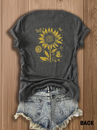 Women'S T-Shirt with Prints on Both Sides, a Gift for Independence Day on June 1St - Attractive Sunflower Design T-Shirt - Retro Style Patterned Top for Women, Perfect for Summer And Casual Outings, Stylish Floral Design