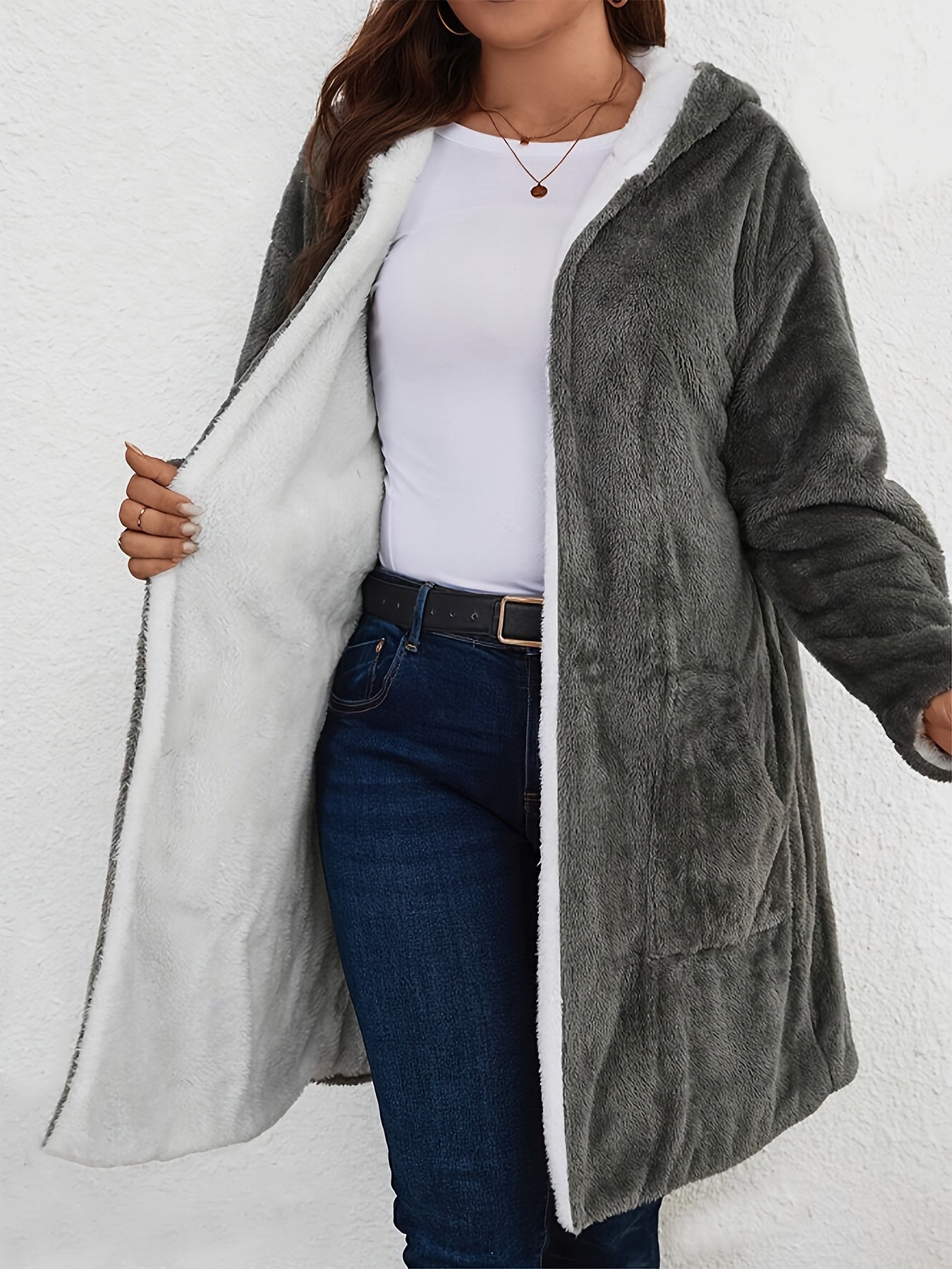 Plus Size, Plus Size Women's Autumn And Winter Casual Mid to Long Solid Color Plush Hooded Jacket