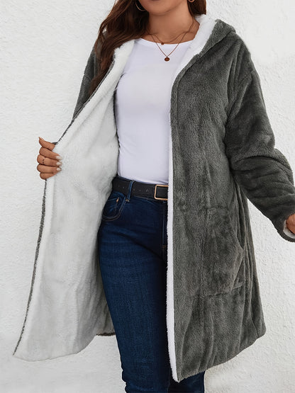 Plus Size, Plus Size Women's Autumn And Winter Casual Mid to Long Solid Color Plush Hooded Jacket