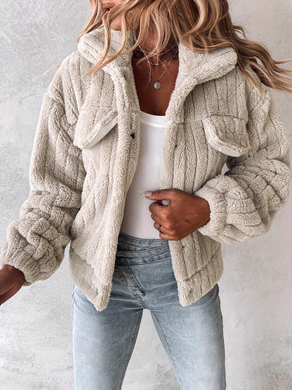Women's Luxurious Plush Jacket - Soft Pink Winter Coat with Stand-Up Collar & Button-Front Closure, Cozy Blazer Suitable for Outerwear, Machine Washable Warm Jacket for Fall/Winter, Clothing