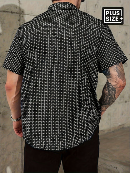 Men'S Plus Size Casual Short Sleeve Shirt Featuring a Black And White Geometric Design - Button-Up, Summer Style, Everyday Wear | Geometric Design Top | Short Sleeve Top