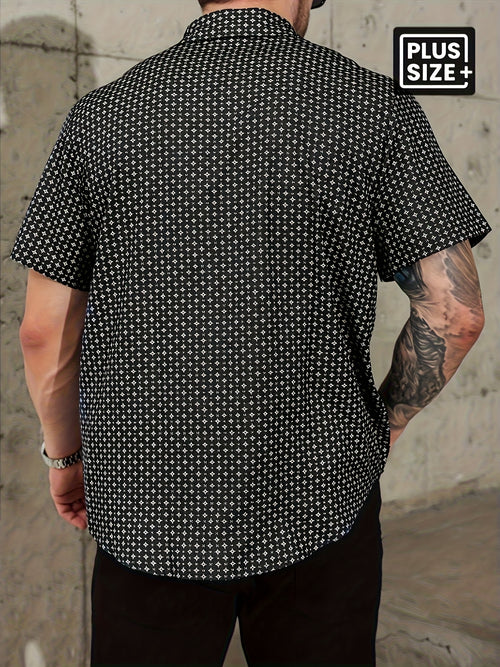 Men'S Plus Size Casual Short Sleeve Shirt Featuring a Black And White Geometric Design - Button-Up, Summer Style, Everyday Wear | Geometric Design Top | Short Sleeve Top