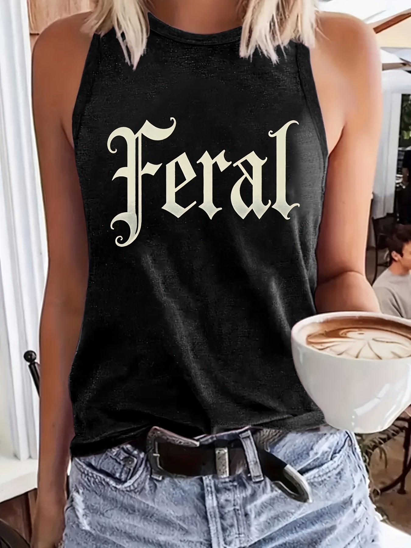 Women's Regular Vest, Wild Gothic Font Print Design Fun Cartoon Letter Pattern, Round Neck Casual, Machine Washable, Fashionable and Versatile Clothing