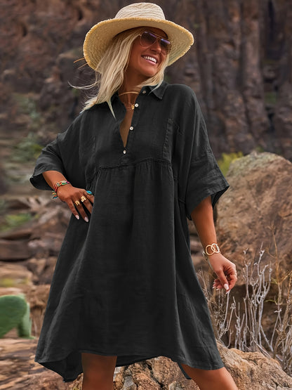 New Women's Loose Solid Color Collar Vacation Casual Button Art Style Fashionable Dress for Women