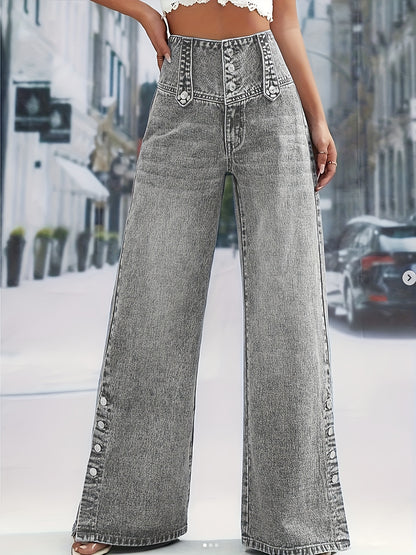 Women'S Light Blue Denim with a High Waist And Snowflake Pattern, Featuring a Buckle Design, Snap Boot Pant Legs, And a Straight, Loose Wide-Leg Cut. This Stylish Casual Outfit Is Perfect for Weekdays And Weekend Shopping, Machine Washable