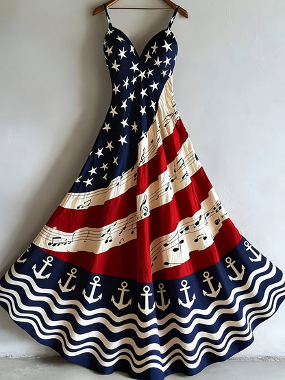 Women's Patriotic Maxi Dress - A-Line Silhouette, Suitable for Vacation, Leisure & Beach Outings, Loose Fit, National Flag Pattern, Sleeveless, V-Neck, Red National Flag Design with Built-In Cups