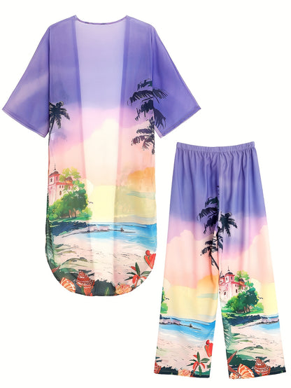 Women's casual sportswear shirt two-piece set, holiday printed casual set