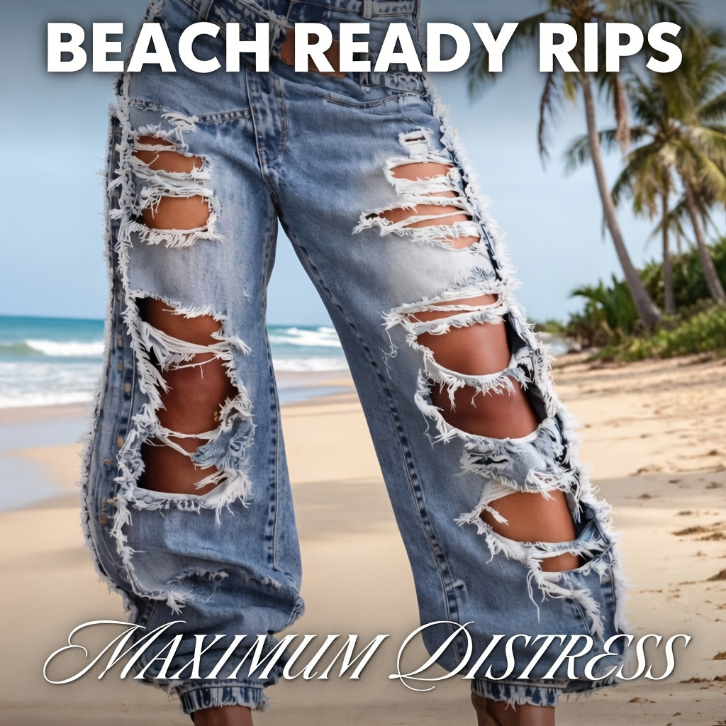 High-waisted Ripped Jeans with Cuffed Hems, Stylish, Trendy and Street-style