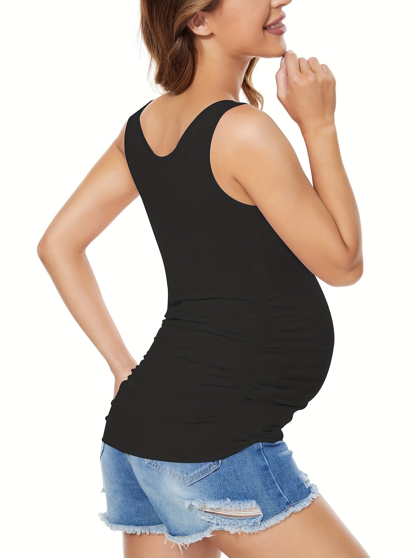 Women's Full Bump Coverage Maternity Tank Top - All-Stage Pregnancy Shirt with Side Ruching & Scoop Neck, Stretchy Rayon-Spandex Sleeveless Nursing Vest for Postpartum Wear, Breathable Belly-Friendly T-Shirt (No Chest Pads)