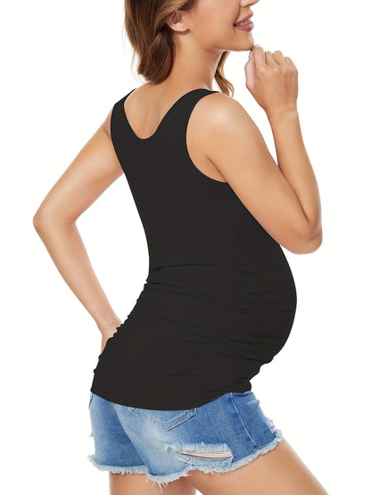 Women's Full Bump Coverage Maternity Tank Top - All-Stage Pregnancy Shirt with Side Ruching & Scoop Neck, Stretchy Rayon-Spandex Sleeveless Nursing Vest for Postpartum Wear, Breathable Belly-Friendly T-Shirt (No Chest Pads)