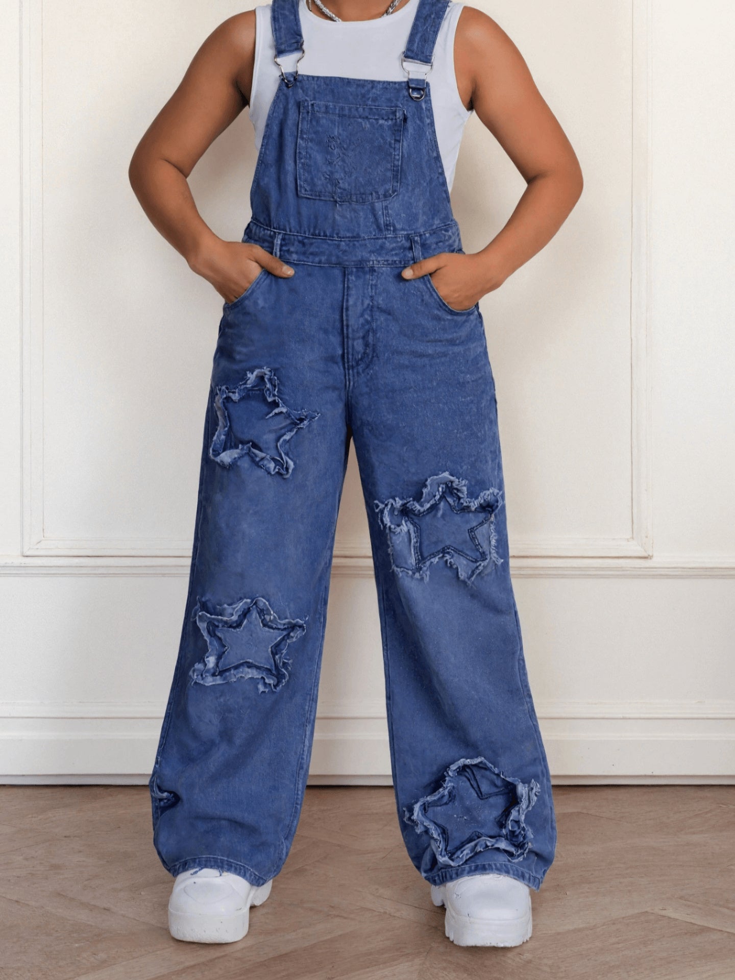 Girls' Star Embroidered Denim Overalls - Wide Leg