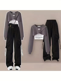 Gray sweatshirt + white suspenders + black overalls