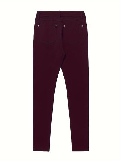 Women's High-Waisted Stretch Street Style Solid Black Skinny Fashion Metal Button Detail Casual Jeans