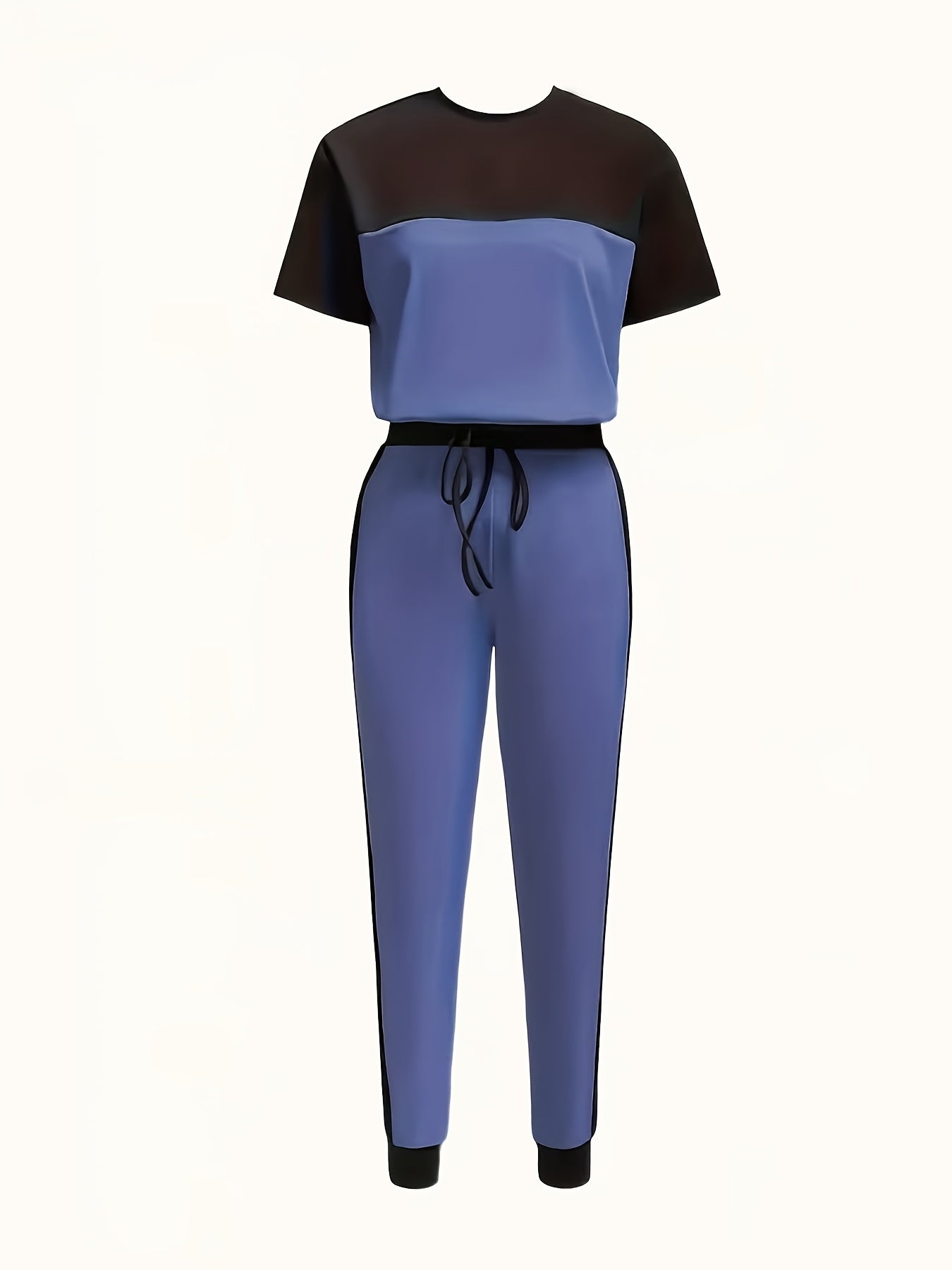 Stylish And Relaxed Color-Blocked Round-Neck Short-Sleeve T-Shirt Paired with Long Pants