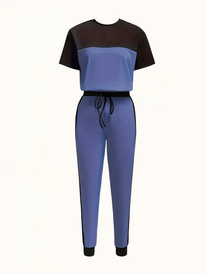 Stylish And Relaxed Color-Blocked Round-Neck Short-Sleeve T-Shirt Paired with Long Pants