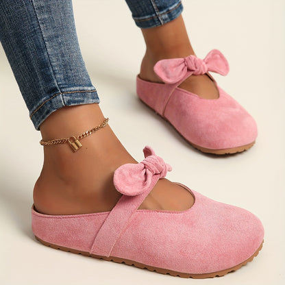 [Slip-On Mules Bow Detail] Women's Slip-On Mules with Thick Cushioned Soles And Bow Detail - Soft Fabric Upper, Breathable PU Lining, Sole - All-Season Comfort for Casual And Formal Wear (Beige/Yellow/Pink) - Extended Sizes Available, Mule Shoes, Comforta