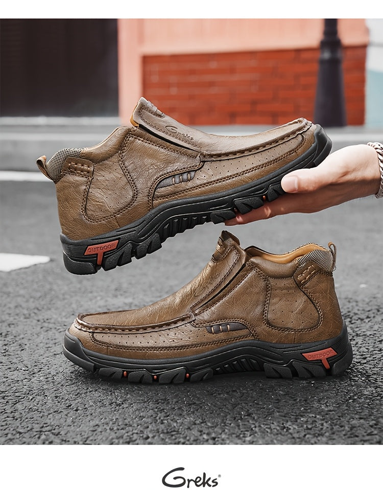 GREKS Mens Hand Stitching Slip On Ankle Boots, Casual Moccasin Chukka Boots Non-Slip Outdoor Hiking And Driving Loafers