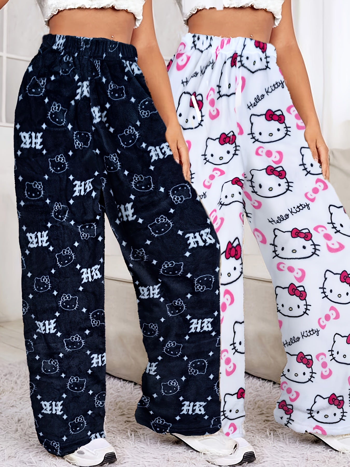 Sanrio KT Cat Pajama Pants for Women - 2pcs Sleepwear Set with Cute KT Cat Face & Full-Length Pants, Cozy Flannel Pajamas for s, - Nightwear ()